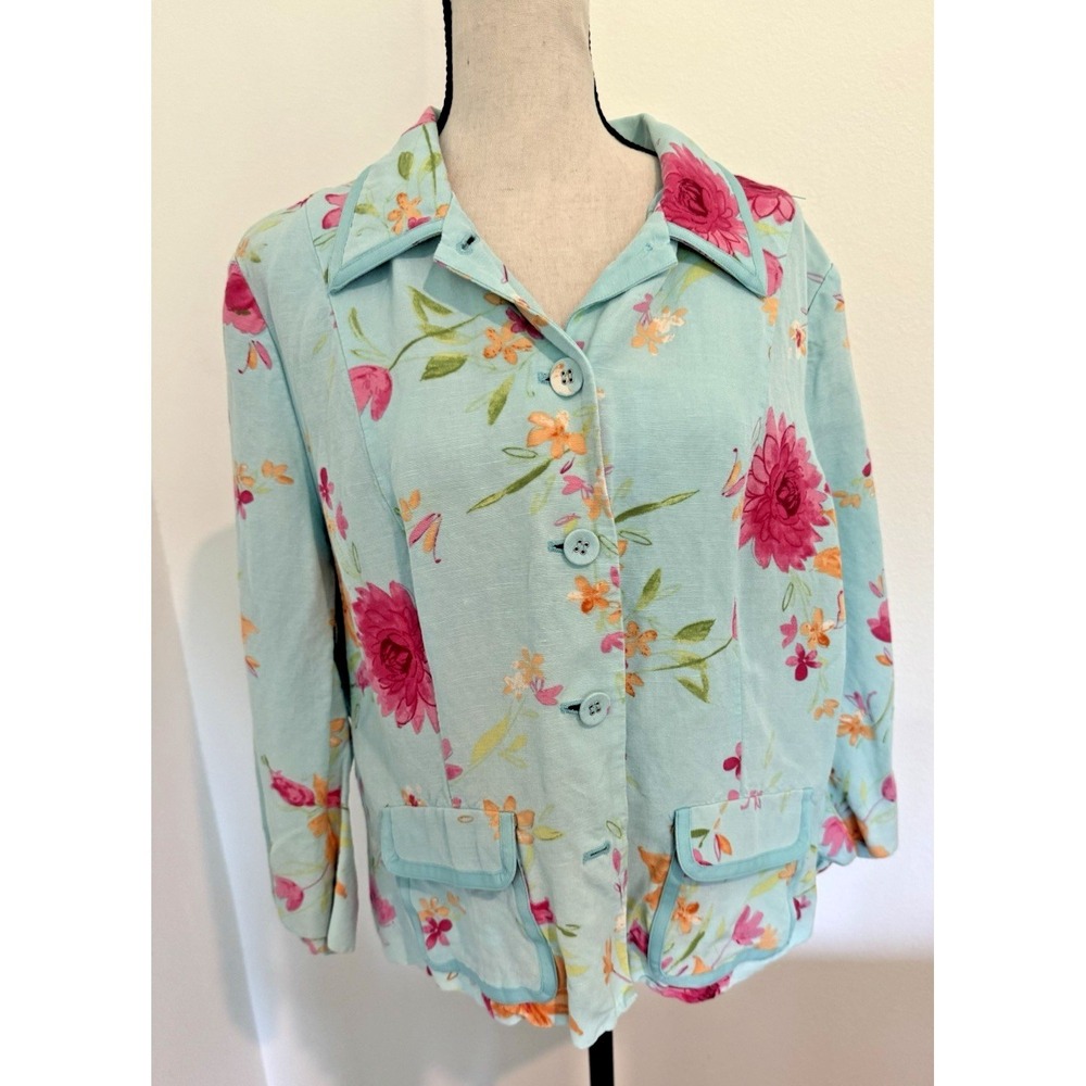 Emma James  Linen Blend Jacket Plus Size 16 Blue Pink Floral Partial Lining